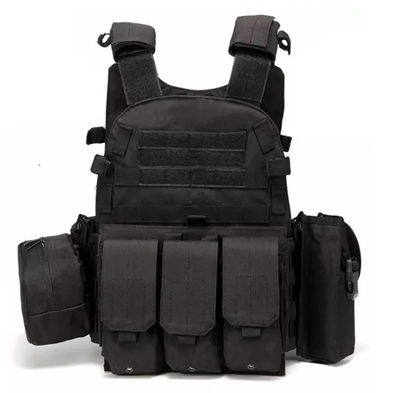 Black Tactical 6094 Style MOLLE Plate Carrier Vest - Multiple Pockets, Unisex for Outdoor Airsoft, Hunting