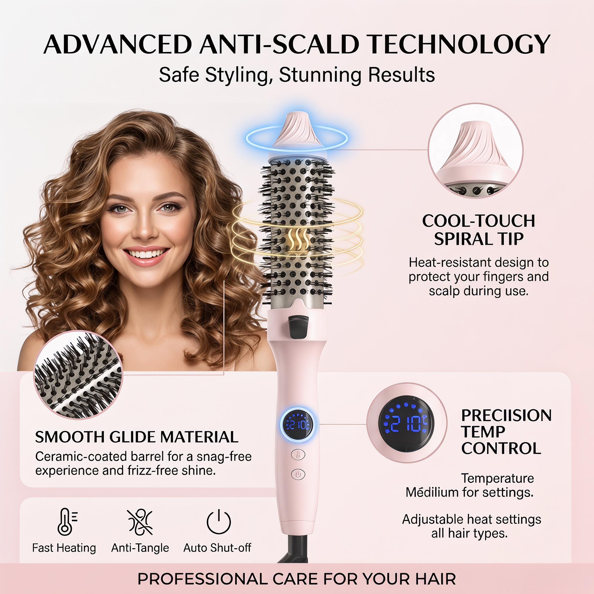 1.5-Inch Ionic Heated Styling Brush with 11 Heat Settings – Fast Smoothing & Natural Waves for Fine to Medium Hair (Pink)