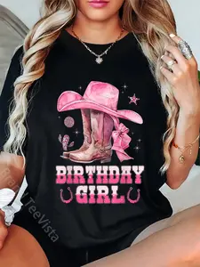 100% Cotton Unisex Birthday Cowgirl Western Birthday Girl Party Decoration T-Shirt Graphic Casual Round Neck Tee