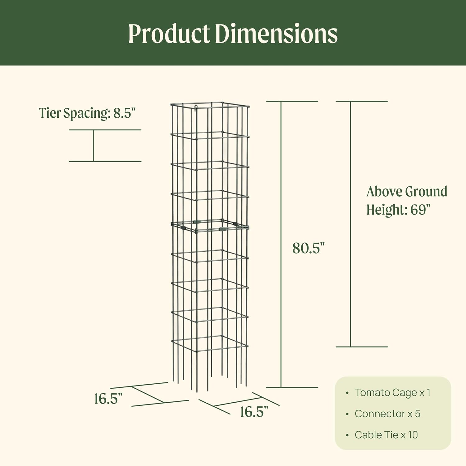 Vego Garden Tomato Cage 16.5" Square Heavy-Duty for Garden & Pots, Rust-Resistant Tomato Stackable Heavy Gauge Plant Cage Trellis Support for Climbing Vegetables Plants