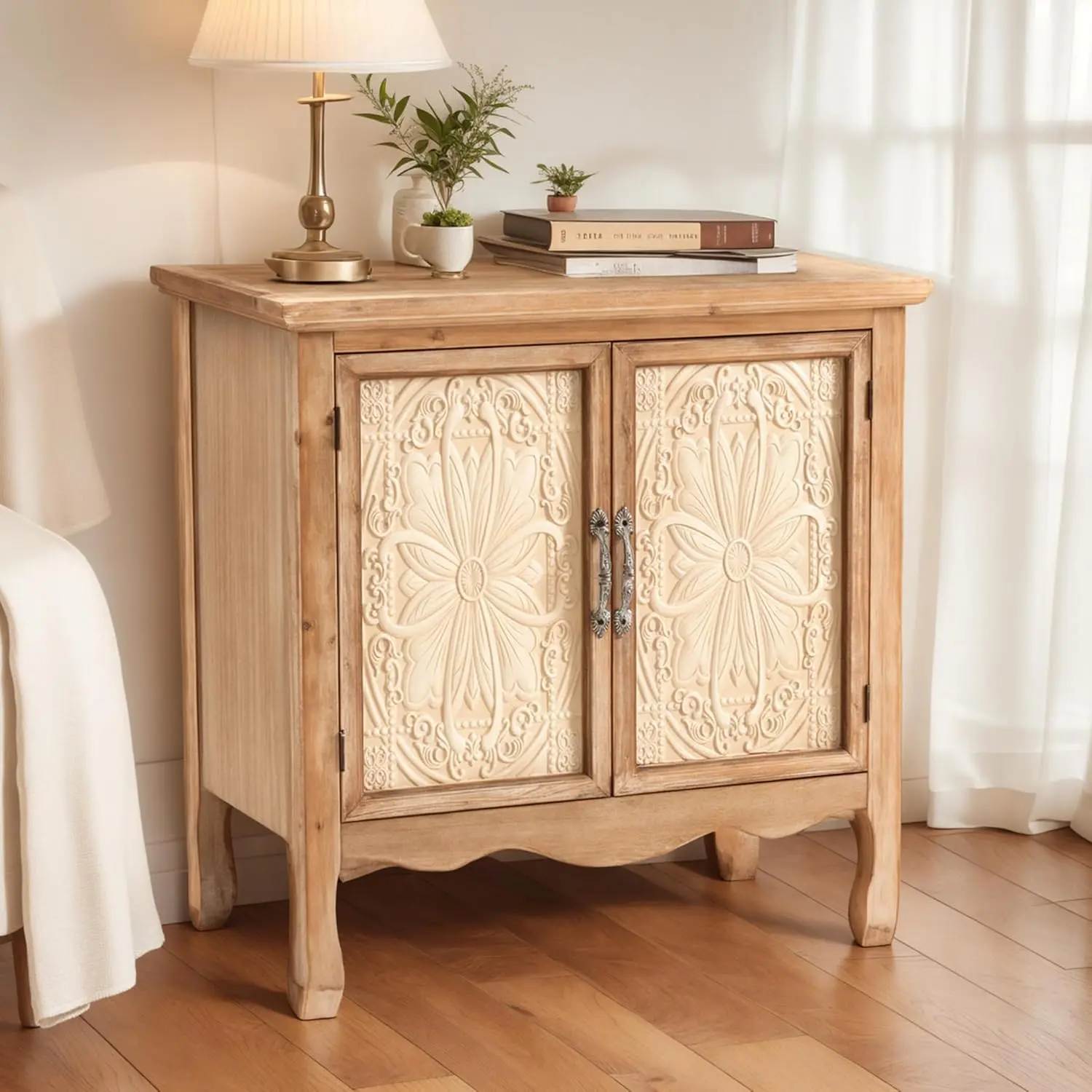 RoyalCraft L Sideboard Buffet Kitchen Storage Cabinet, Solid Wood Credenza Accent Cabinet, Cupboard Console Table with 2 Craved Decorated Doors for Dining Room, Living Room, Hallway (Natural)