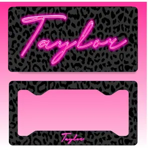 High Gloss Hot Pink Neon glow effect Personalized Name License Plate on Black Leopard Matching Key Chain Custom Frame Car Tag Vanity Plate