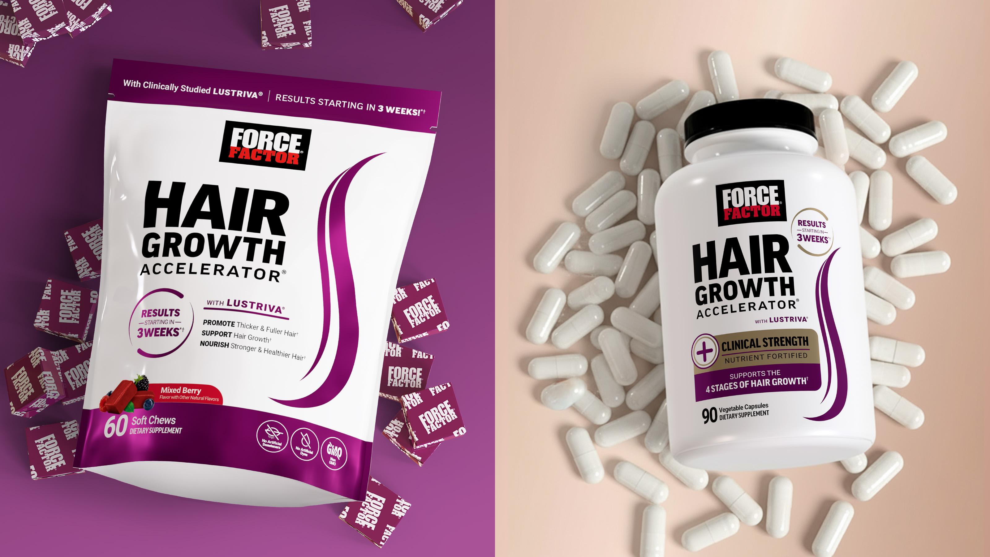 Force Factor Hair Growth Accelerator with Clinically Studied Lustriva to Promote Thicker, Stronger Hair, Biotin, Vitamin E & C, Mixed Berry, Soft Chew or Capsule Force Factor Hair Growth Accelerator with Clinically Studied Lustriva to Promote Thicker, Stronger Hair, Biotin, Vitamin E & C, Mixed Berry, Soft Chew or Capsule