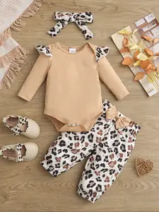 Baby Fall Winter Leopard Print Fashion Set, Long Sleeve Striped Romper, Leopard Pants with Large Bow, Matching Headband Three-Piece Baby Clothing