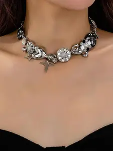 Women's Vintage Heavy Industry Hip-Hop Punk Style Charm Necklace, Silver Color Zinc Alloy Pendant Jewelry for Parties & Festivals