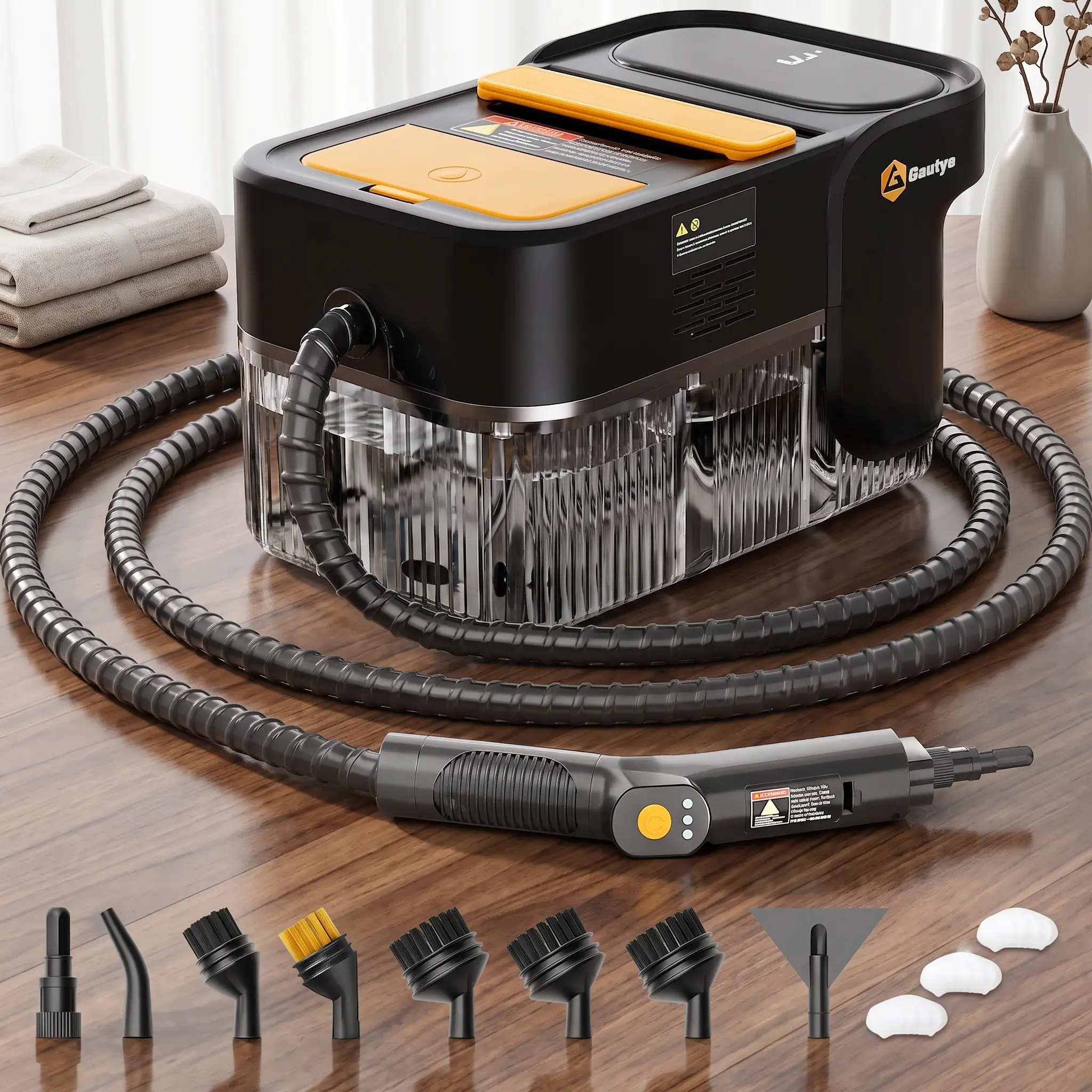 Handheld Portable Steam Cleaner, 1600W Household Degreaser, 2.1L Large Water Tank, Fast Heat-Up, 3-Level Adjustable Handle, 15 Accessories, Multi-Surface Cleaning for Floors & Tile