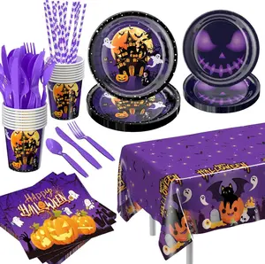 Halloween Party Supplies: Decorations 129 PCS - Disposable Paper Plates Tableware Napkins Cups for Kids Boy Girl Halloween Haunted House Pumpkin Themed Party Decorations Serve 16