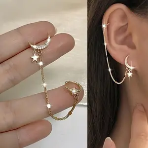 Elegant Celestial Drop Earrings for Women, Asymmetrical Moon and Star Copper Jewelry, Engagement Birthday Party Gift