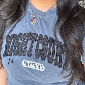 ACOTAR Inspired Night Court Embroidered Shirt Velaris Appliqué Glitter Unisex Comfort Color Casual Short Sleeve Crew Neck, booktok- Piece, Crewneck, Shortsleeve, Summer, Breathable