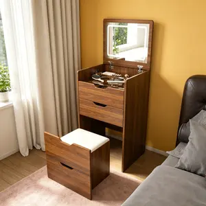 3 in 1 Small Vanity Desk with Mirror and Lights,Flip Top Compact Makeup Dressing Table Set,Visible Glass Desktop,3 Drawers,Cushioned Tool,for Bedroom,Brightness Adjustable,Walnut + White Cushion