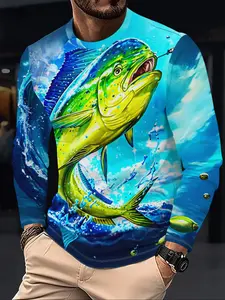 Men's Casual Trendy 3D Fish Print Crew Neck Long Sleeve T-Shirt, Stylish and Versatile Men's Top, Suitable for Outdoor Wear
