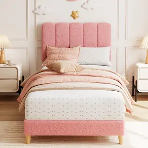 Garvee Twin XL Bed Frame with Boucle Upholstered Platform and Wave Headboard, Easy Assembly, Wooden Slats Support, No Box Spring Needed, Beige, Stylish and Durable Design