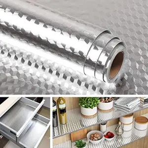 Kitchen Decorative Wallpaper Oil Proof Sticker Aluminum Foil Backsplash Self-Adhesive Contact Paper Cabinet Liner Waterproof Heat Resistant Peel Stick Wallpaper 15.7X118 Inches Cube Texture Silver Non-Woven
