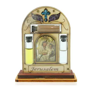 My Daily Styles Handmade Light Wood Christian Cross Icon Decor MAT011 - Israeli Religious Home Prayer Plaque with Wooden Stand, Holy Soil, Water, Olive Oil, Stone - Elegant Home Decor, Perfect Religious Gift, Mother's Day Gift