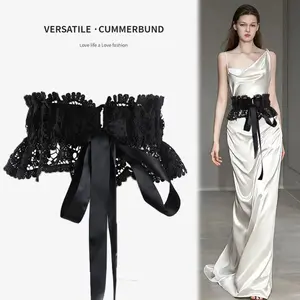 Fashionable women's lace-up wide waistband with lace trim, skirt-style wide waist cincher for outerwear, elastic stretch waist cincher