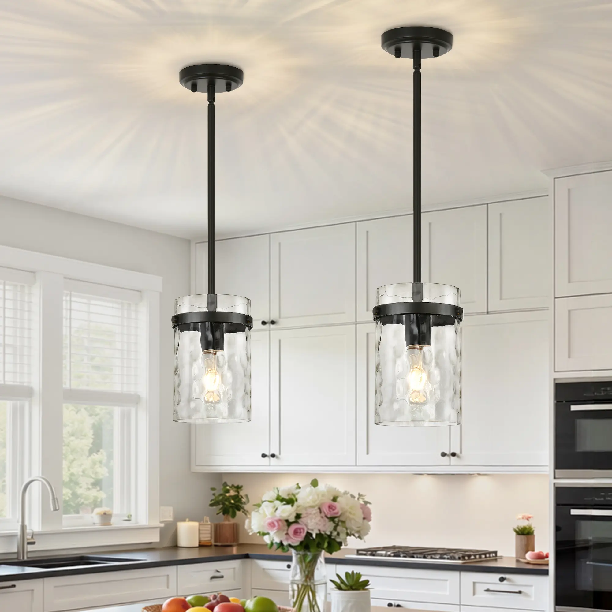 5.11in Pendant Lights Water Ripple Glass 2 PACK, Cylinder for Kitchen Island, Over Sink,Dining Room&Bedroom