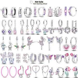Pink Purple Zircon 925 Sterling Silver Drop Hoop Earrings Butterfly Bow Suitable Flower Women Original Stud Earring Fine Jewelry