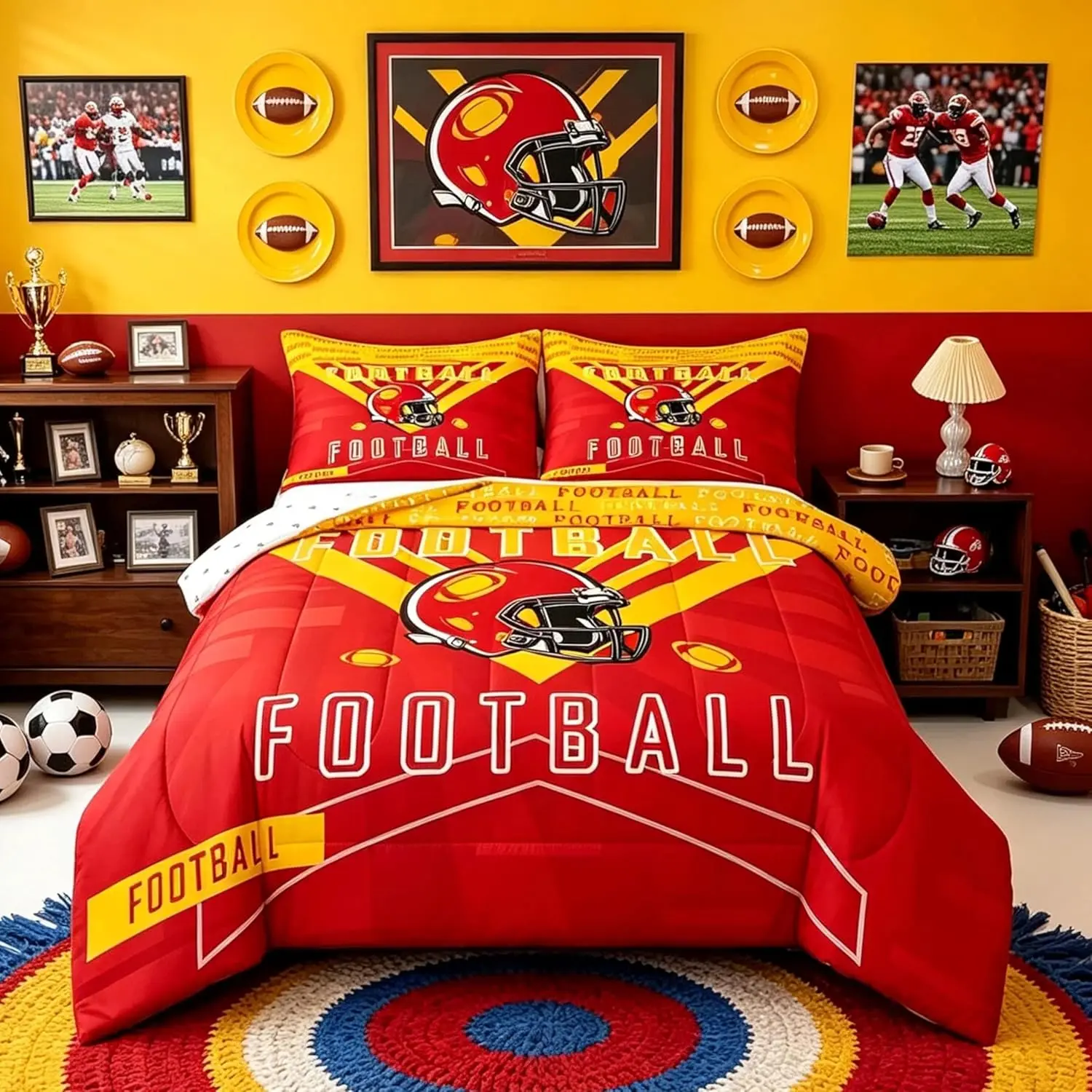 Football Bedding Set Comforter Set Sports Theme Women Men Football City Comforter Rugby Sports Duvet Quilt Red Yellow Room Decor