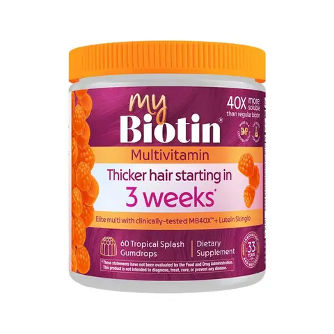 MyBiotin Hair Growth Multivitamin Gummies with Lustriva - supplement includes Biotin, Vitamins A, C, D3, E, B6, B12, Folate, and Niacin for optimum hair and nail health