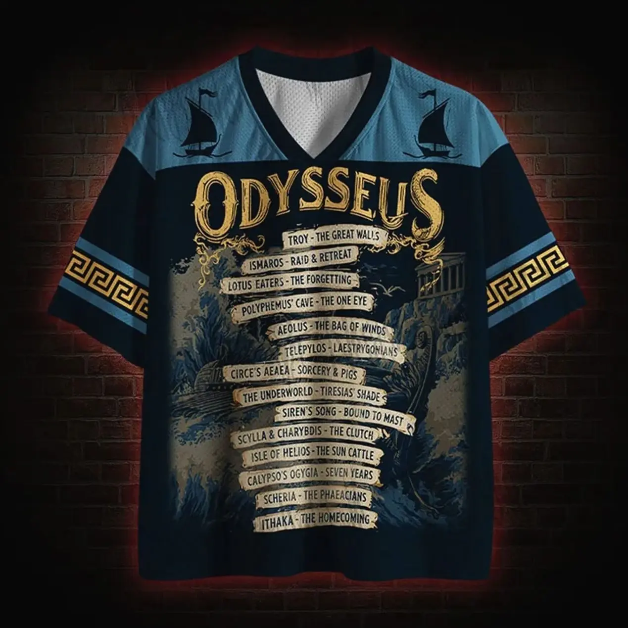 Odysseus Epic Journey Mesh Jersey → Odysseus Epic Journey Mesh Jersey, Greek Mythology Graphic Sports Jersey, Fantasy Baseball Style Mesh Shirt, Oversized Streetwear T9X