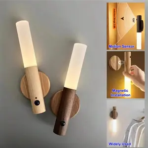 Motion Sensor Indoor Night Light, Rechargeable Wall Lamp Wooden Set, Battery Powered Magnetic Wall Light Decor for Bedroom Corridor Bathroom Stairs Closet, Indoor Decorative Light