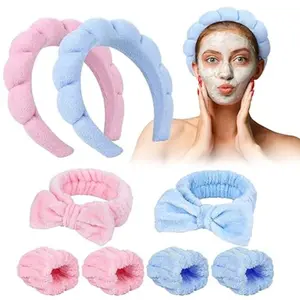 8 PCS Spa Headbands for Washing Face with Wristbands, Puffy Makeup Headbands for Washing Face, Skincare Headband, Terry Cloth Headband Combo Pack (Pink+Blue)