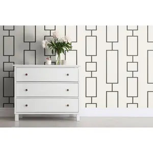 Peel and Stick Removable Fabric Wallpaper - Large Scale Modern - Geometric Lines Rectangle -Jarvis Iron Alabaster - Black Cream