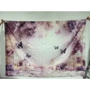 Butterfly & Flower Pattern Background Cloth, 1 Count Elegant Background Cloth, Wall Decoration for Wedding & Birthday Party, Banners, Party Decorations Banners, Wall Hanging Backdrop