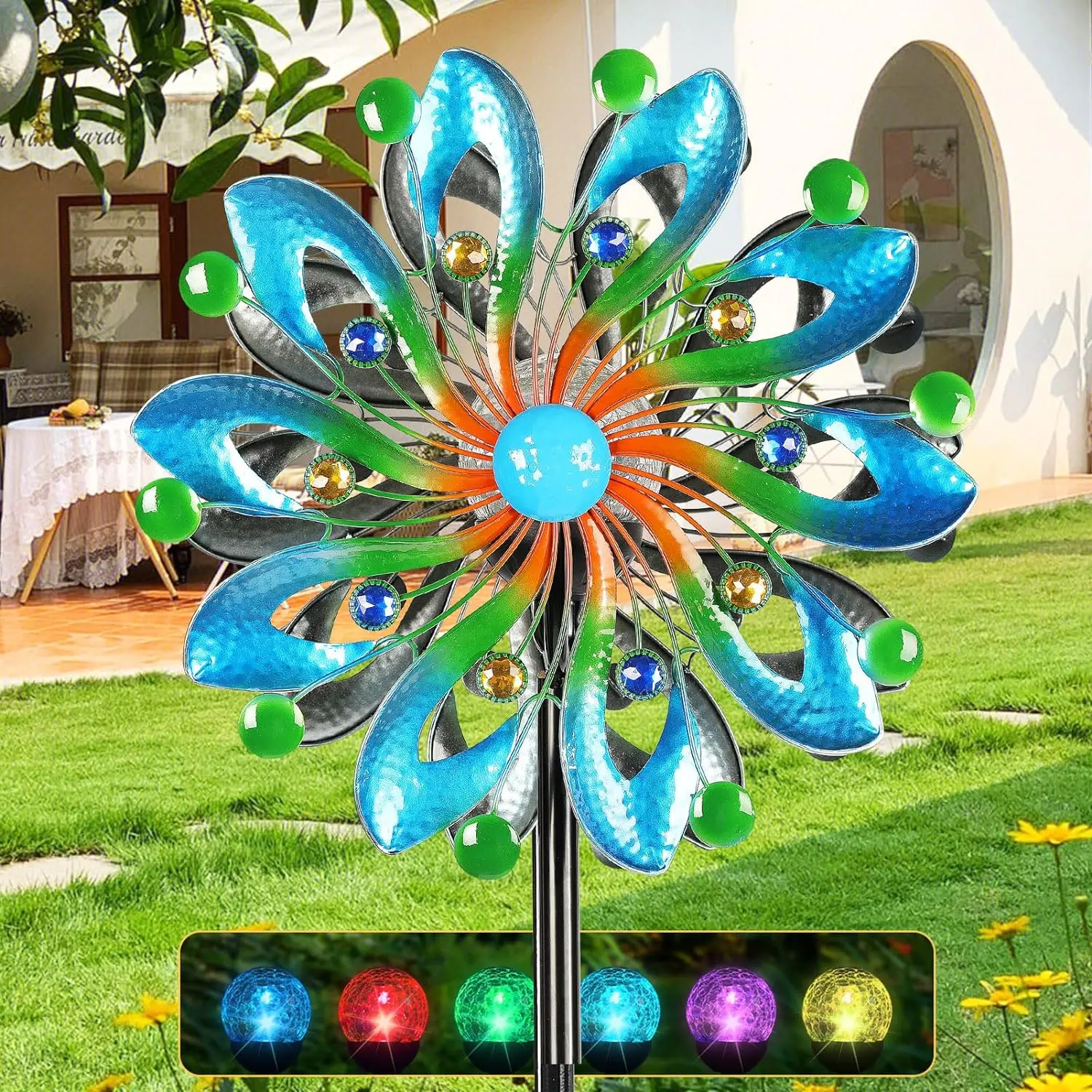 Wind Spinners for Yard and Garden - Wind Sculptures & Spinners, 75 Inch, Navy Blue, Kinetic Art with Solar  Multi-Color Glass Ball Light