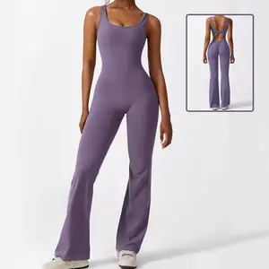Sleeveless Flare Jumpsuit Sporty Long Workout Bodysuit Women's