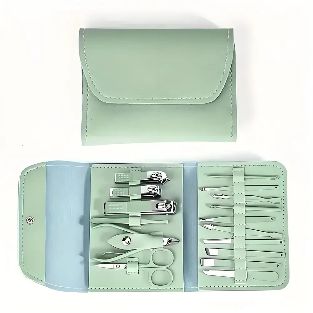 Salon-Grade 16-Piece Stainless Steel Nail Clipper Kit with Angled Jaw Clippers, Scissors, Secure Handle & Pouch for Manicure, Home, Travel Storage