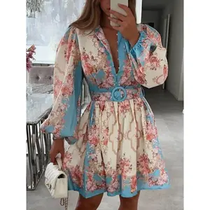 Women’s printed waistband dress, elegant long-sleeved spring and autumn dress, women’s everyday wear GARMENTARY