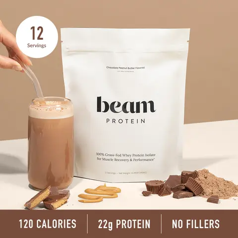Beam Whey Protein Powder – Peanut Butter Flavor, 100% Grass-Fed Whey Protein, Muscle Growth & Strength Support, Post-Workout Recovery, 12 Servings