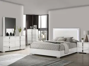Sinistra Contemporary 4-Piece Bedroom Set with LED Headboard and High-Gloss White Finish – Sleek and Modern Design