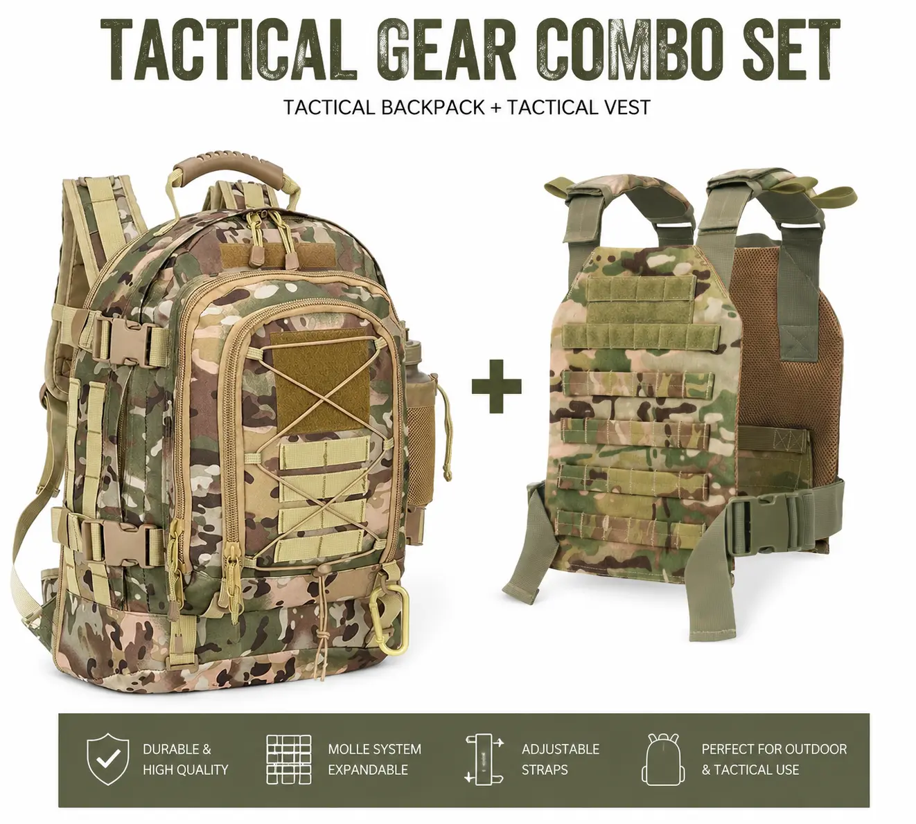 Unisex Weighted Vest and Tactical Backpack Set, Adjustable 600D Nylon Combo with 50LB MOLLE Vest & 39-64L Expandable Pack for Strength Training & Hiking, Outdoor, Molle System, Outdoor Accessories