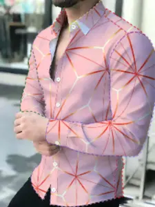 Summer Men's Light Pink Geometric Pattern Casual Fashion Long Sleeve Shirt