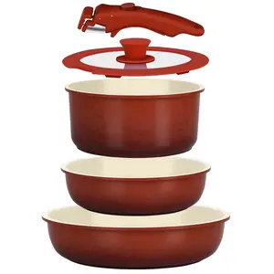 Gipp 5Pcs Pots and Pans Set Non Stick,Ceramic Cookware Sets with Removable Handle, Oven & Dishwasher Safe,Induction Cookware,Kitchen Cooking Set,Red GIPPHAU