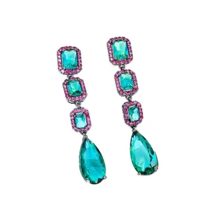 Elegant Water Drop Green Crystal And Rose Red Cubic Zircon Long Dangle Drop Earrings - Elegant Design with Green and Rose Red Colors