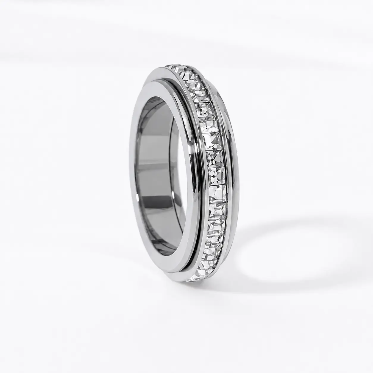 Anxiety Rings for Women and Men Titanium Steel Spinner Fidget Band Rings with Cubic Zirconia for Stress Relief and Wedding Promise Comfort Fit Size 6 to 9【Silver】