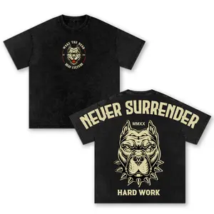 Never Surrender Oversized Washed T-Shirt, Pitbull Graphic Tee, Gym Motivation Workout Shirt, Bodybuilding Pump Cover Streetwear Men