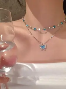 Women's Elegant Butterfly Design Layered Necklace, Exquisite Trendy Choker, Chic Jewelry As Gift for Girlfriend