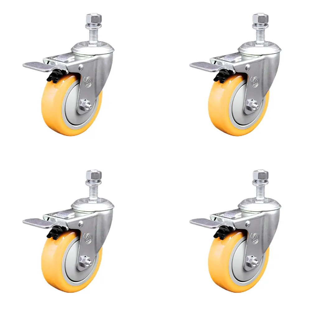 212 MAIN Series 20 Stainless Steel Polyurethane Swivel Threaded Stem Casters - 4x1.25 in. Yellow Lockable Wheels, 0.5 in. Stems, Set of 4 for Carts & Equipment (Concrete/Tile/Wood, Service Caster SCC-SSTSTTL20S414-PPUB-YEL-121315-4), Swivel Casters