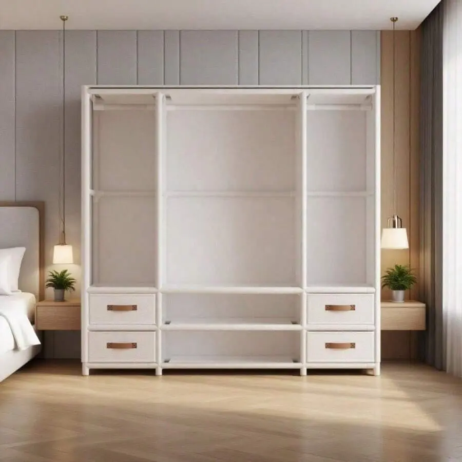 White Metal Foldable Portable Wardrobe - 4 Drawers, 3 Hanging Zones, 3-Tier Shelves - Large-Capacity Floor-Standing Clothes Storage Closet for Bedroom