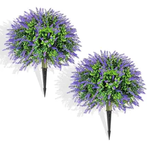 Set of 2 Artificial Christmas Boxwood Topiary Ball Shrubs, 20" UV-Resistant Faux Plants with Ground Spikes - Realistic Purple and Green Decorative Bushes for Porch,,, Yard