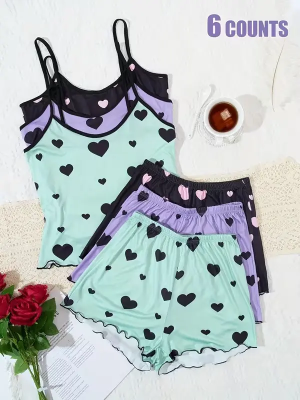 3 Pack Heart Print Pajama Set for Women, Cami Top & Lettuce Trim Shorts, Soft Sleepwear & Loungewear, Cute Nightwear, Comfortable Summer Pajamas