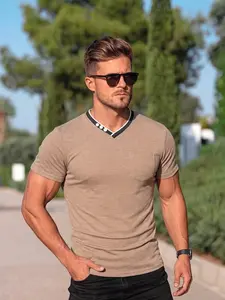 Men's V-Neck Contrast Trim Short-Sleeve Henley Tee, Slim Fit, Button Color-Block Collar, Stretchy Breathable Knit, Summer Daily Commute Outdoor, Classic Versatile, Casual, Aesthetic, Today's Clearance, Focus Item, Essential for Man's Wardrobe.