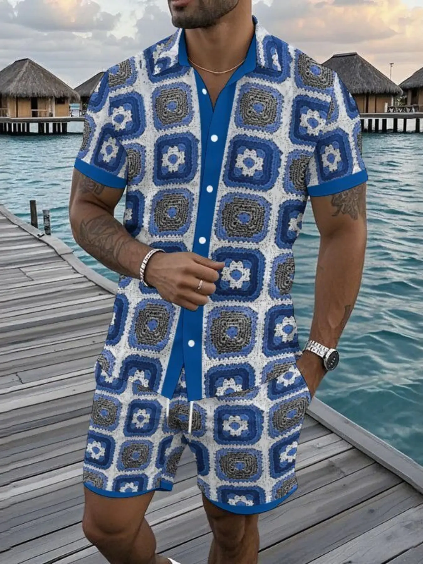 2026 new men's knitted jacquard fabric shirt and shorts set, summer casual short sleeved design, suitable for beach vacations, perfect Bohemian retro style gift, fashionable and casual Outfit
