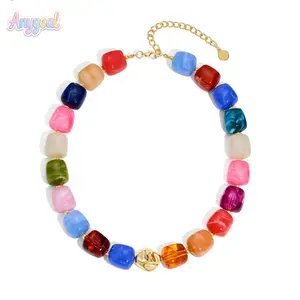 Anygoal New  Multicolor Resin Beaded Necklace,Colorful Chunky Necklaces for Women Bold Statement Choker with Gold Accent and Adjustable Extender,Marble Pattern Boho Jewelry for Summer Vacations,Necklace Summer Vacation Choker Jewelry premium