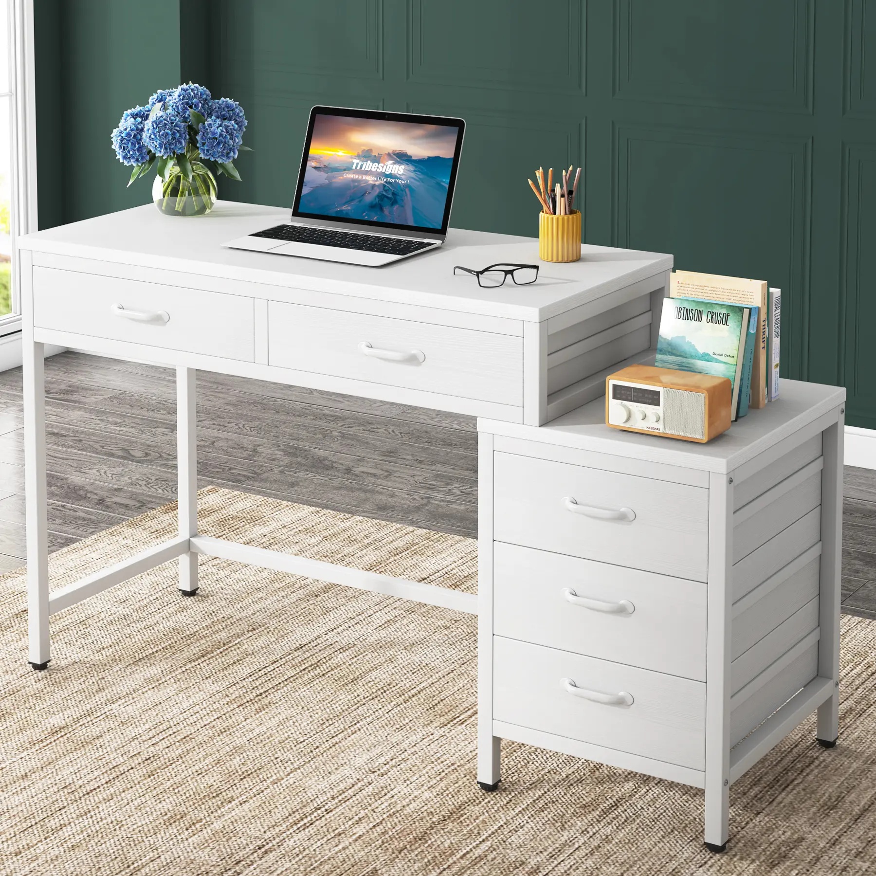 LITTLE TREE Computer Desk With 5 Drawers, Home Office Writing Desk With Reversible Drawer Cabinet Printer Stand, Industrial PC Desk With Storage, White