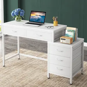 LITTLE TREE 5-Drawer Computer Desk - Multipurpose Home Office Writing Desk, Reversible Printer Stand, Industrial PC Table with Storage, White